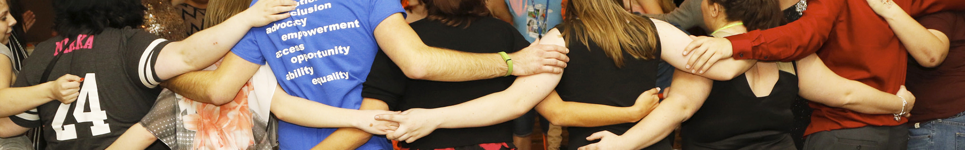 Healthy Relationships banner: People in circle with arms linked together