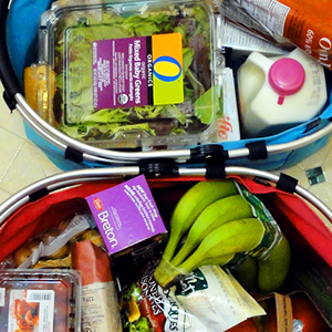 Grocery items in baskets