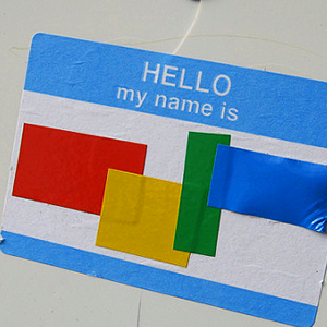 Sticker that says 'Hello My Name is' with different colored tape over space