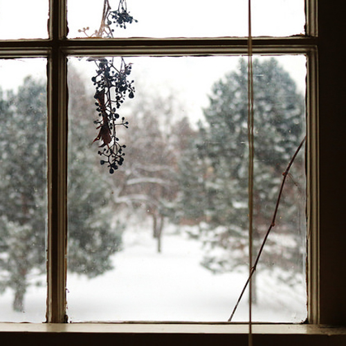 A window with a cold landscape outside