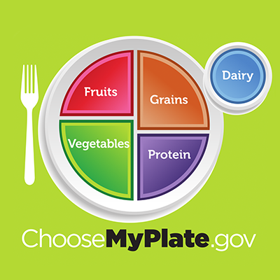 ChooseMyPlate.gov graphic showing a plate with fruits, grains, vegetables, protein, and dairy